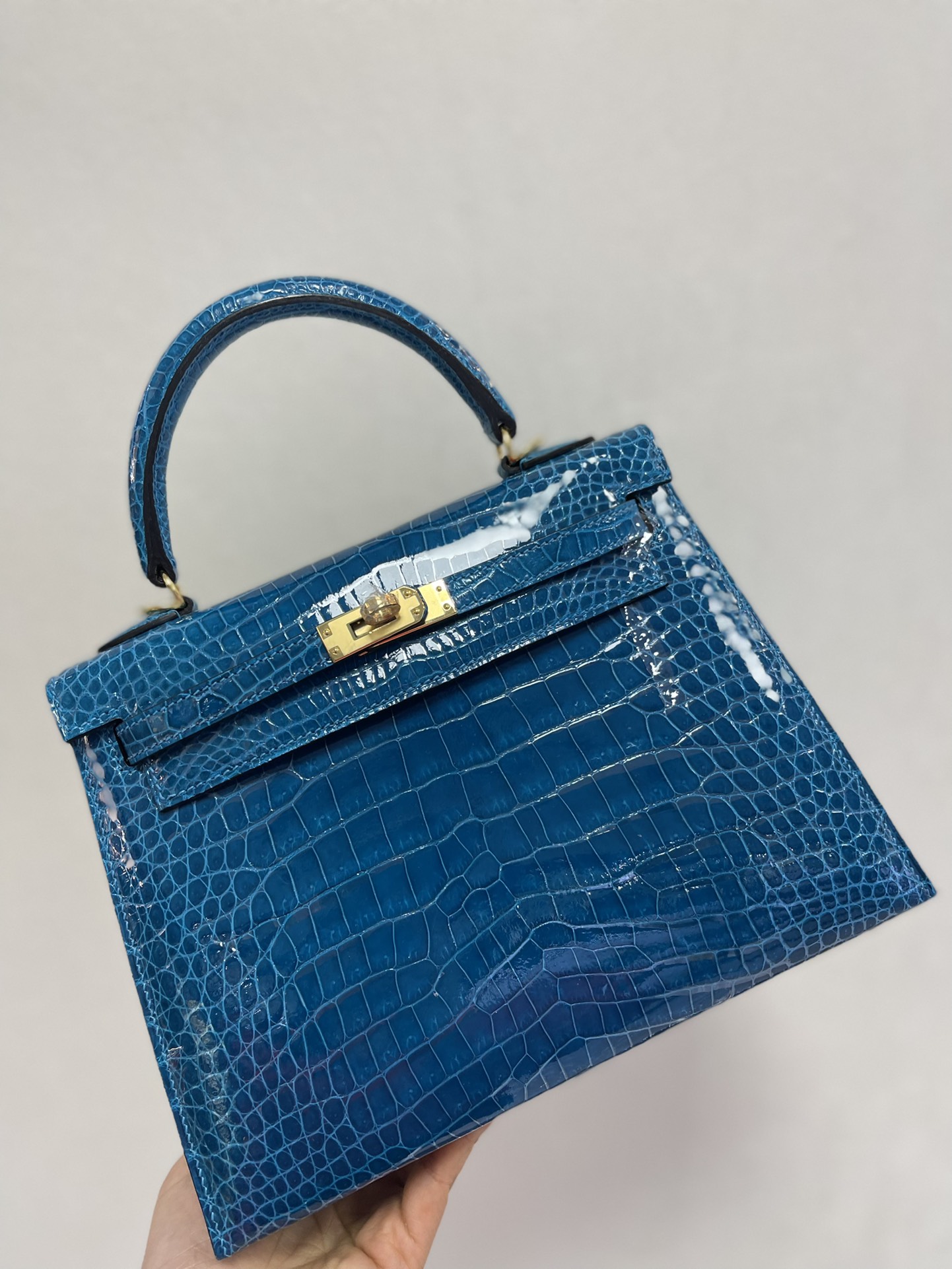 Hermes Kelly 25cm Handbag Shoulder Bag In Blue Electric Shiny Crocodile Niloticus Leather